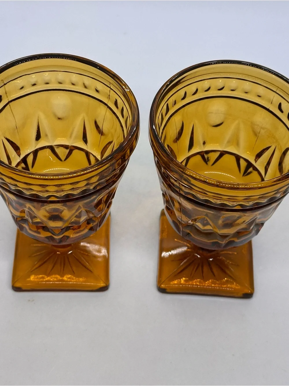 Set Of 2 Indiana Glass Park Lane Colony Amber Footed Water Goblets Vintage 5.5